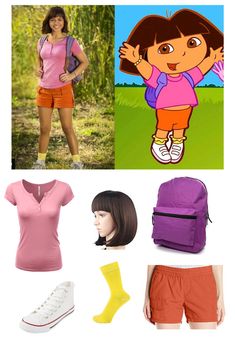 a woman in pink shirt and orange shorts next to items from dora's adventure