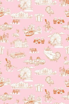 a pink wallpaper with an image of different types of animals and buildings on it