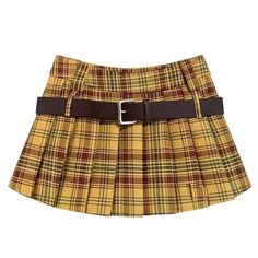 A stylish yellow preppy plaid pleated mini skirt featuring a high-waist design and loops for two belts. The skirt has a classic checkered pattern with a pleated structure For School Outfits, Purple Plaid Skirt, Yellow Preppy, Yellow Plaid Skirt, E Girl Clothes, Yellow Y2k, Yellow Mini Skirt, Plaid Pleated Mini Skirt, Mlp Oc