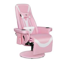 a pink and white reclining chair with the letter g on it