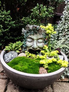 a planter filled with lots of green plants and a statue head in the middle