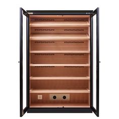 an empty glass doored wine cooler with no doors on the front and bottom shelves