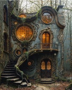 an elaborately designed house in the woods with stairs leading up to it's entrance