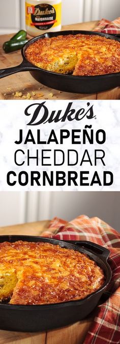 an image of some food in a pan on a wooden table with the words duke's jalapeno cheddar cornbread