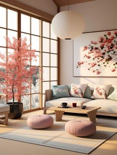 a living room filled with lots of furniture and large windows covered in pink flowers on the wall