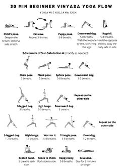 the 30 minute begin to yoga flow chart is shown in black and white, with instructions for