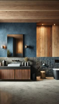 a bathroom with blue walls and wood accents