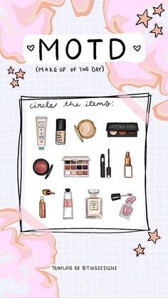 an advertisement for the makeup brand motd, with various items on it and stars around