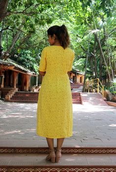 "Wrap dress for women, Linen maxi dress, Block print dress, Yellow linen dress, Plus size, made to order, custom made -Model height: 5'3\" wearing size S -Length: 36\" and 46\" Hand block printing is a centuries old Indian art form that utilizes a hand carved teak wood block that is dipped in dye and stamped by hand onto cotton or silk. We have used simple floral motifs to create elegant designs for our comfortable maxi dresses." Floral Print Linen Maxi Dress, Bohemian Printed Linen Dress, Bohemian Linen Printed Dresses, Yellow Cotton A-line Midi Dress, Printed Linen Beach Dresses, Cotton Floral Print A-line Maxi Dress, Cotton A-line Maxi Dress With Floral Print, Yellow Floral Cotton Maxi Dress, Flowy A-line Cotton Maxi Dress