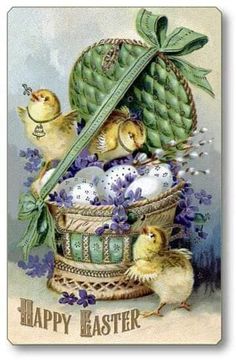 a happy easter card with chicks and an egg in a basket filled with eggs, surrounded by purple flowers