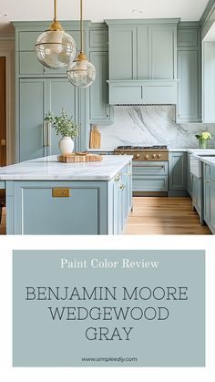 an image of a kitchen with blue cabinets and white counter tops, the words paint color review