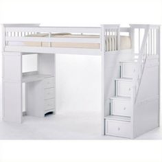 a white loft bed with stairs and desk underneath it, in front of a white wall