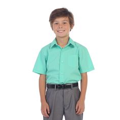 High Quality Boys Short Sleeve with Solid Colors. 60% Cotton & 40% Polyester. Stand Up Collar, Button Down. Machine Washable with Cold Delicate Cycle. Do Not Bleach Tumble Dry Low or Line Dry. Iron or Steam with Low Heat Solid Color Short Sleeve Dress Shirt For Spring, Solid Short Sleeve Dress Shirt For Spring, Spring Short Sleeve Dress Shirt With Buttons, Collared Shirt For School In Summer, Collared Summer Shirt For School, Green Shirt For School In Summer, Classic Shirt For School In Spring, Classic Short Sleeve Shirt For School, Classic Short Sleeve School Shirt