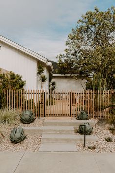 a house with a wooden fence next to it and some plants in the front yard