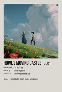 the movie poster for how's moving castle, featuring two people walking up a hill