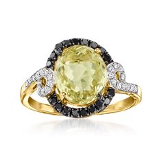 LeVian - Le Vian 2.80ct Lemon Quartz, .22ct t. w. Blackberry Diamond Ring, Vanilla Diamond Accents in 14kt Honey Gold. Size 7. With a rich history dating back to the 15th century, Le Vian jewelry is well known for its decadent designs and innovative use of color. This glamorous cocktail ring blends high-impact hues for an incredible result, featuring an incandescent 2.80 carat oval lemon quartz haloed by .22 ct. t. w. round brilliant-cut black diamonds and flanked by white diamond-accented swirls. Finely crafted in polished 14kt yellow gold. Black rhodium. 1/2" wide. Le Vian black diamond and lemon quartz ring. Diamond birthstones are the perfect gift for April birthdays. Le Vian Jewelry, Lemon Quartz Ring, Levian Jewelry, Diamond Birthstone, Le Vian, Jewelry Rings Diamond, Black Diamonds, Lemon Quartz, Black Rhodium