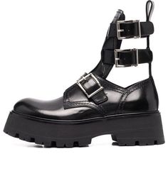 (WMNS) Alexander McQueen Flat Rubber Boots 'Black' 700078WIC631081 Calf Leather Boots With Buckle Closure And Closed Toe, Closed Toe Calf Leather Boots With Buckle Closure, Designer Closed Toe Boots With Rubber Sole, Luxury Closed Toe Platform Boots, Patent Leather Boots With Lug Sole, Patent Leather Boots With Lug Sole And Closed Toe, Luxury Closed Toe Boots With Buckle Closure, Rubber Boots, Fashion Performance