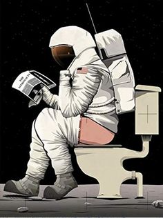 an astronaut sitting on the toilet reading a newspaper