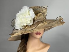 "Vogue hats are perfect for horse racing events, church, the Kentucky derby, weddings, garden tea parties and charity events. There is a tie on the inside of the hat that helps adjust the size from large to small. 100% Brand new, hand made and high quality. One size hat (20\"-22\") Thank you very much for shopping  at my shop. Have a great day." Gold Wide Brim Top Hat For Party, Gold Wide Brim Mini Hat For Kentucky Derby, Gold Wide Brim Mini Hat For Royal Ascot, Elegant Gold Top Hat For Royal Ascot, Elegant Gold Hats For Summer, Elegant Gold Top Hat For Church, Elegant Gold Top Hat For Formal Occasions, Elegant Gold Summer Hat, Gold Brimmed Hat For Royal Ascot