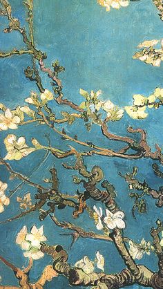 an image of a painting with flowers on the branches and blue sky in the background