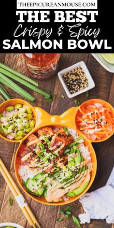 the best crispy and spicy salmon bowl recipe with chopsticks on the side