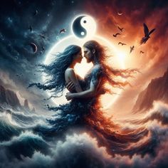 two people embracing in the ocean with birds flying around