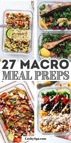 several meal preps in plastic containers with the words 27 macro meal preps on them