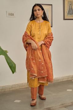 Warm yellow plain kurta. Paired with a pant. Comes along with a rust dupatta with hand embroidery and kiran lace border. - Aza Fashions Hand Embroidered Dupatta, Plain Kurta, Kurta Pant Set, Embroidered Dupatta, Warm Yellow, Kurta With Pants, Lace Border, Pants Pattern, Pant Set