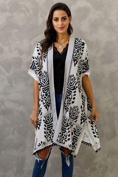 Details-Open front kimono in a relaxing fit casual style-Breezy kimono sleeve. double slits on sides-Exquisite bohemian pom pom edge finished-The unique pattern has a retro fashionable sense Beach Blouse, Plus Size Kimono, Seaside Resort, Bohemian Print, Bathing Suit Covers, Short Sleeve Cardigan, Kimono Cardigan, Kimono Sleeve, Style Boho