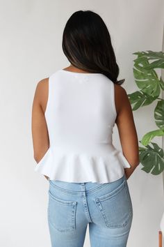 Model Details: Model is wearing a small Model is 5’4 Model's waist is a 24 Model has a 32C/D bust Material: Peplum bottom Stretchy 80% Viscose 20% Spandex Imported Hand Wash Cold. Hang to Dry Hand Wash, Spandex, How To Wear