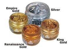 four different types of golds and silvers in jars with the names above them