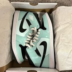 Gently Worn: Air Jordan 1 Mids In Black, Teal Tint & Light Dew Jordan 1 Mids, Wmns Air Jordan 1, Jordan Blue, Womens Jordans, Air Jordan 1 Mid, Jordan 1 Mid, Air Jordan 1, Jordan Shoes, Jordan 1