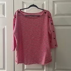 Nwt Pink And White Talbots Striped Shirt. Buttons On Sleeves, Never Worn, Perfect Condition. Bust Measures: 23” (Armpit To Armpit) Striped Crew Neck Top With Buttons, Denim Tunic Shirt, Blue Shirt With Jeans, Denim Tunic, White Floral Blouse, Paisley Print Blouse, Cowl Neck Long Sleeve, Grey Blouse, Striped Sweatshirts