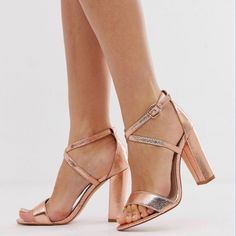 Glamorous Wide Fit Cross Strap Heeled Sandals In Rose Gold Us Size 9 New Without Tags And Box, Never Worn Rose Gold Shoes, Clear Strap Heels, Prom 2020, Leather Boots Heels, Platform Block Heels, Gold Shoes, Gold Sandals, Stiletto Pumps, Ankle Strap Heels