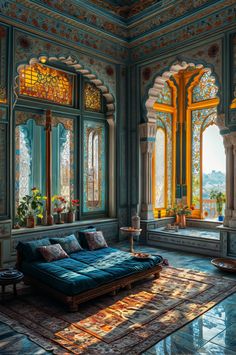 an ornately decorated living room with large windows and blue couch in front of it