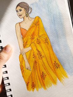 a drawing of a woman in an orange dress