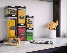 the kitchen counter is organized with cereal, pasta and other items to make it easier for people to use