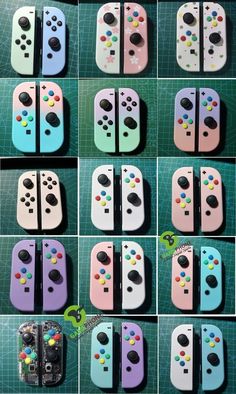 many different colored video game controllers are shown in this collage with the same color buttons