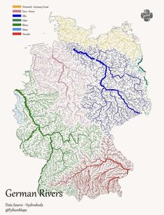 a map of the german rivers with colored lines in different colors and names on it