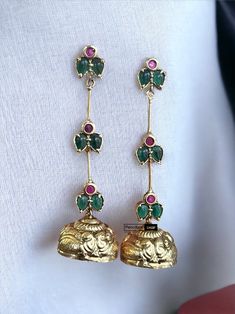 Three layer Kemp Stone Hanging Drop Temple jhumka earringsHigh premium quality and kemp stone used . Light weight . Shipping is 2-3 days and delivery is 4-5 days . brass material is used . American Diamond Necklaces, Oxidized Necklace, Polki Necklace, Western Earrings, Ethnic Earrings, Kundan Necklaces, Jhumka Earrings, Three Layer, American Diamond