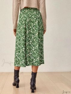 Floral Print Split Hem Midi Skirt Relaxed Midi Skirt For Spring, Green Long Skirt For Fall, Green Long Skirt Bottoms For Fall, Non-stretch Midi Skirt For Fall, Floral Print Skirted Bottoms For Fall, Green Flared Skirt For Spring, Green Midi Skirt Bottoms For Winter, Green Floral Print Flowy Skirt, Floral Print Non-stretch High Waist Skirt