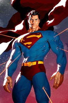 a man dressed as superman standing in front of a red and blue sky with stars