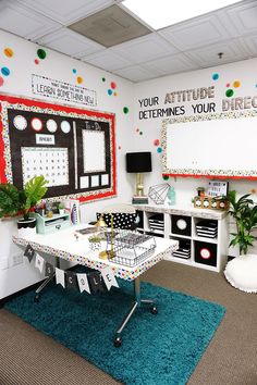 an office decorated in bright colors with lots of decorations on the walls and desks