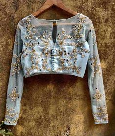 Top 60+ New Blouse Designs [2020] | Latest Blouse Design Inspirations For 2020 Threadwork Blouse, Blue Silk Lehenga, Scalloped Dupatta, Netted Blouse Designs