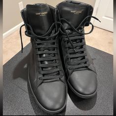 In Great Condition.. Like Brand New.. The Only Thing Is They Dont Come With Box. 100% Authentic. Size 47 Which They Are Size 14 If I Am Correct Luxury Black High-top Sneakers With Contrast Sole, Designer Black High-top Sneakers With Studded Outsoles, Luxury Black High-top Sneakers For Streetwear, Luxury Black High-top Sneakers, Designer High-top Custom Sneakers With Laces, Designer High-top Sneakers With Laces, Designer Black High-top Sneakers With Contrast Sole, Luxury Black Lace-up Custom Sneakers, Designer High-top Lace-up Sneakers With Leather Sole