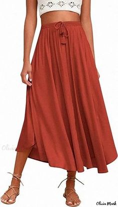 Olivia Mark - High-Waisted Elastic Waist Casual Midi Skirt, Elegant and Lightweight Long Skirt Casual Midi Skirt, Midi Skirt Casual, Skirt Elegant, Watermelon Red, Types Of Skirts, Olivia Mark, A Line Skirt, Long Skirt, A Line Skirts