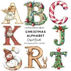 christmas alphabets with ornaments and decorations