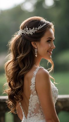 a woman wearing a wedding dress with long hair