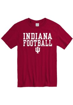 Show off your team pride in this Indiana Hoosiers Crimson Football Short Sleeve T Shirt! This Indiana Short Sleeve Tee features a screen print Indiana Football with team logo on front chest. Make sure everyone knows you root for the Hoosiers with this Crimson Indiana T Shirt. Indiana, Our Indiana! Classic Fit, Tubular construction, Taped neck and shoulders, Quarter-turned to eliminate center crease, Unisex, Fit: True to Size, 100% Cotton University Red T-shirt With Team Name For Fans, University Red T-shirt For Fan Merchandise, University Red Collegiate T-shirt For Fans, University Red Collegiate T-shirt For Sports Events, University Red T-shirt With Team Name For Sports Season, University Red T-shirt For Sports Season, University Red Team Spirit T-shirt For Game Day, University Red T-shirt With Team Name For Game Day, University Red Pre-shrunk Collegiate T-shirt