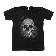 Skull Tshirt, Halloween Shirt, Men Graphic Tee, Black tshirt, Halloween Costume, Spider Web, Gothic, Tshirt Men, Funny Shirt, Gift  Hand pressed in California by Couth. Printed on Fine Jersey Short Sleeve T Fine Jersey (100% Cotton) construction (Heather Grey contains 10% Polyester). Sizing: Before ordering PLEASE CHECK our size/color chart (last picture of the listing) for measurements, we recommend to size up if you are in between sizes. The best way to estimate size is to pick a shirt that fits the best and compare it to our chart. All our measurements are taken with the shirt laid flat. Please contact us if you need more information about sizes. Please Select your T-shirt's size and color at checkout from the drop down menu on the right and please check the measurements from our size c Halloween Band Merch T-shirt With Graphic Design, Halloween Graphic Design Short Sleeve T-shirt, Spooky Black T-shirt With Skull Print, Spooky Skull Print T-shirt For Streetwear, Spooky Black T-shirt With Screen Print, Black Short Sleeve T-shirt With Skull Print, Halloween T-shirt With Skull Front Print, Halloween Graphic T-shirt For Streetwear, Halloween Streetwear Shirt With Front Print